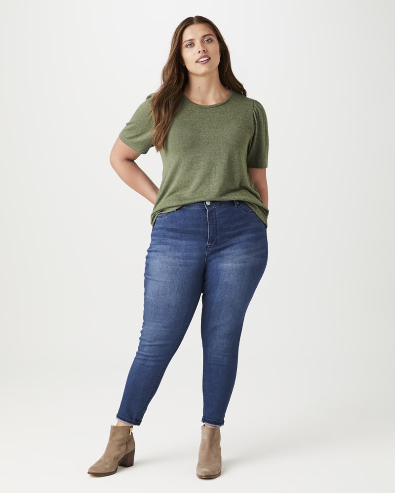 Plus size model with hourglass body shape wearing Helen Ruched-Sleeve Tee by Meri Skye | Dia&Co | dia_product_style_image_id:141367